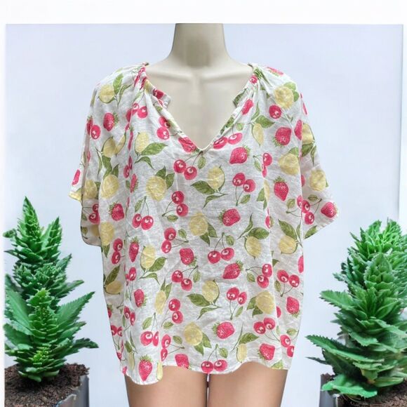Isaac Mizrahi NWT Sz  1X Linen Blouse Top Cherries, Lemons & Strawberries Print - Picture 1 of 16